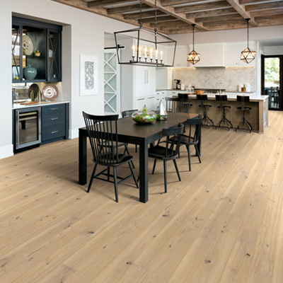 modern farmhouse kitchen with wood look flooring